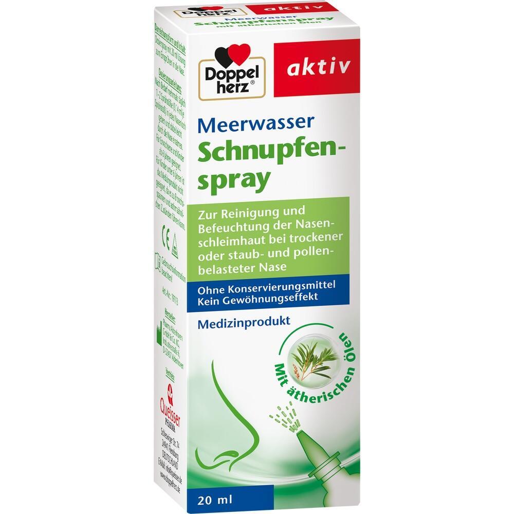 Eine Packung Meerwasser-Schnupfenspray zur Befeuchtung der Nase.