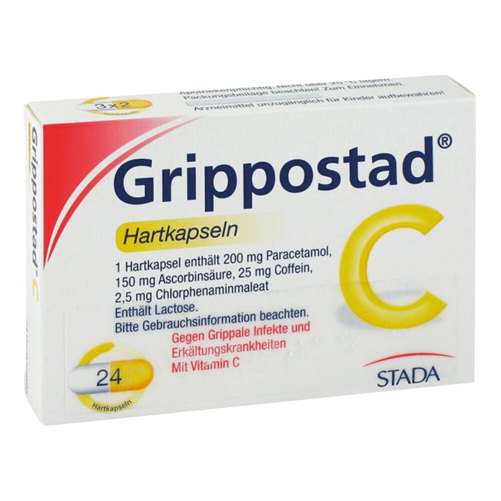 Packung des Medikaments Grippostad C gegen Erkältungen und Grippe.