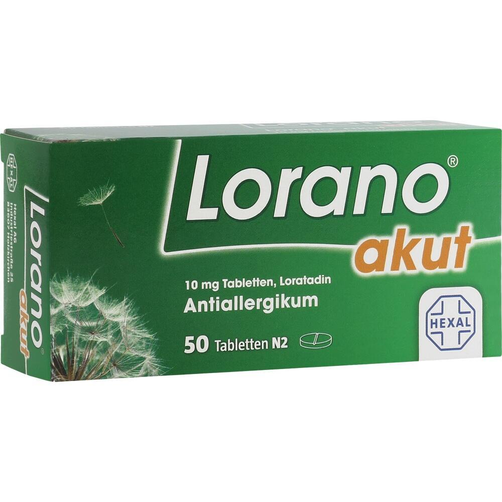 Grüne Medikamentenschachtel mit der Aufschrift "Lorano akut" gegen Allergien.