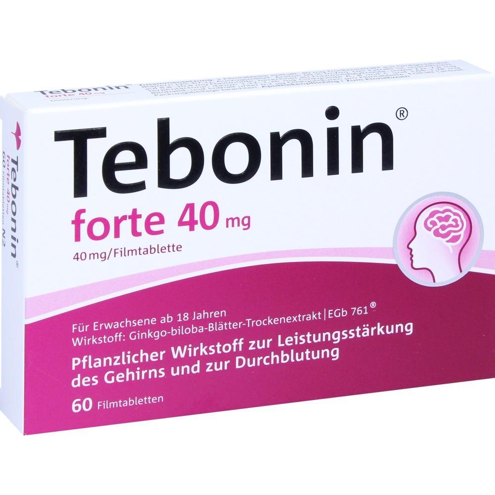 Packung von Tebonin forte 40 mg mit pflanzlichem Wirkstoff für das Gehirn.