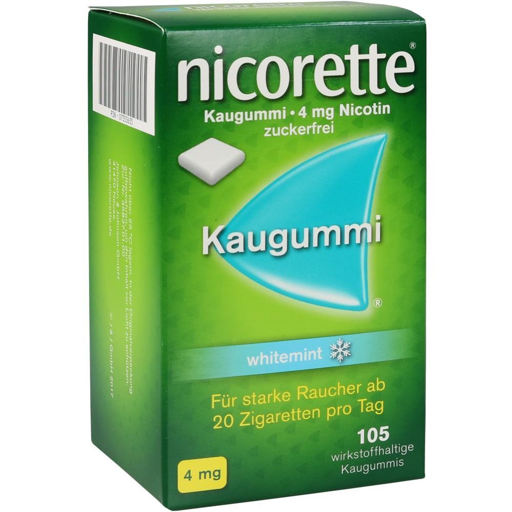 Grüne Packung Nicorette-Kaugummis mit 4 mg Nikotin, Geschmack Whitemint.