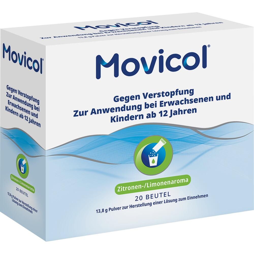 Eine Packung Movicol gegen Verstopfung, für Menschen ab 12 Jahren, mit Zitronenaroma.