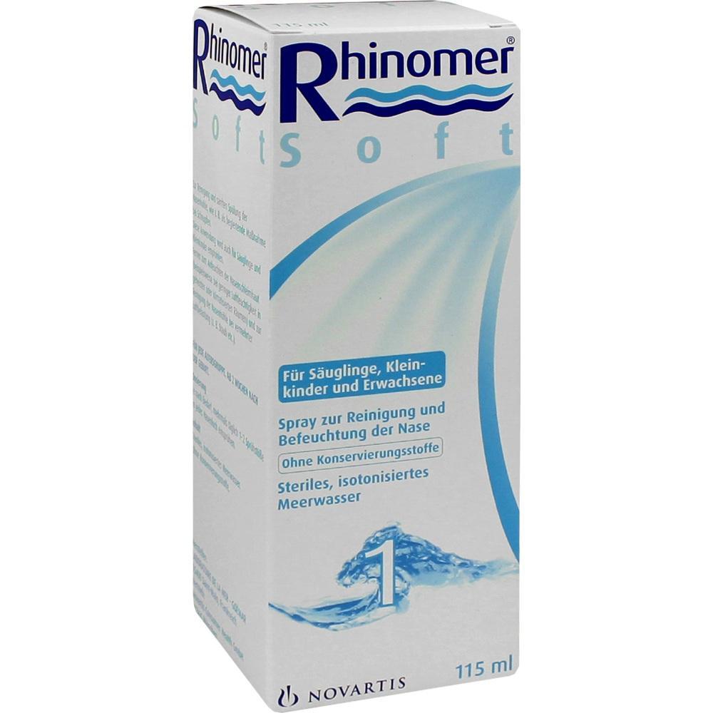 Verpackung eines Nasensprays mit Aufschrift "Rhinomer Soft", geeignet für alle Altersgruppen.