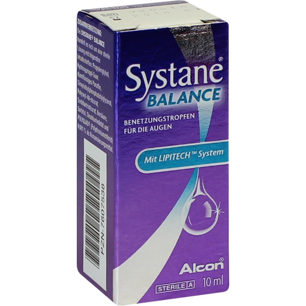 Lila Verpackung mit der Aufschrift "Systane Balance" für Augenbefeuchtungstropfen.