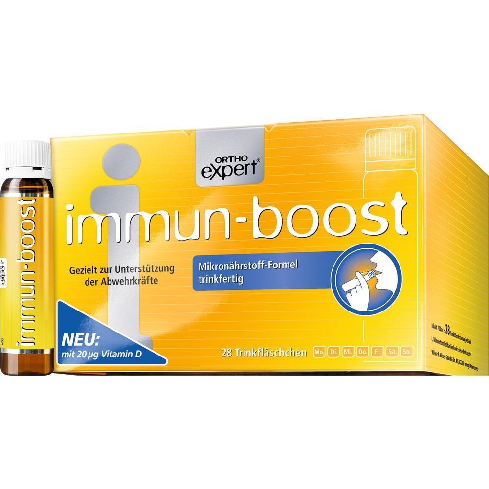Gelbe Verpackung von Immun-Boost mit 28 Trinkfläschchen zur Unterstützung des Immunsystems.