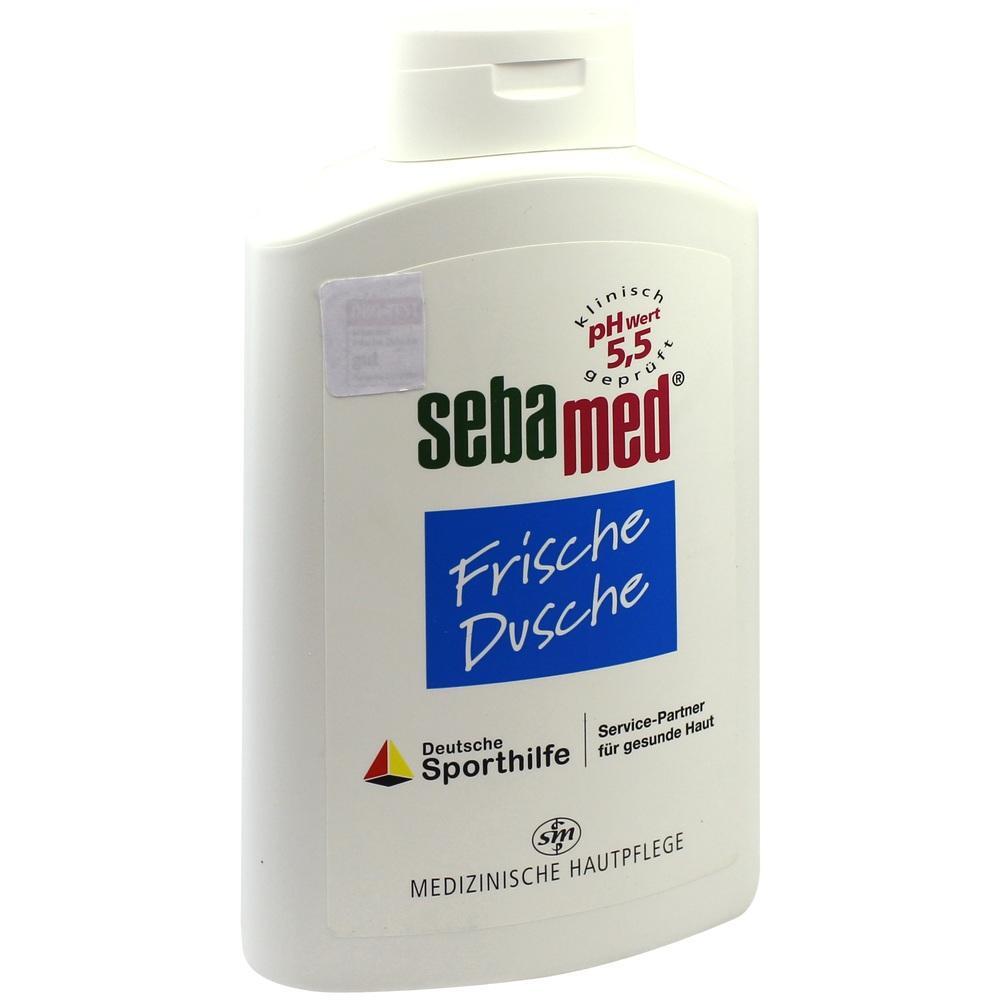 Weiße Flasche mit der Aufschrift "sebamed Frische Dusche".