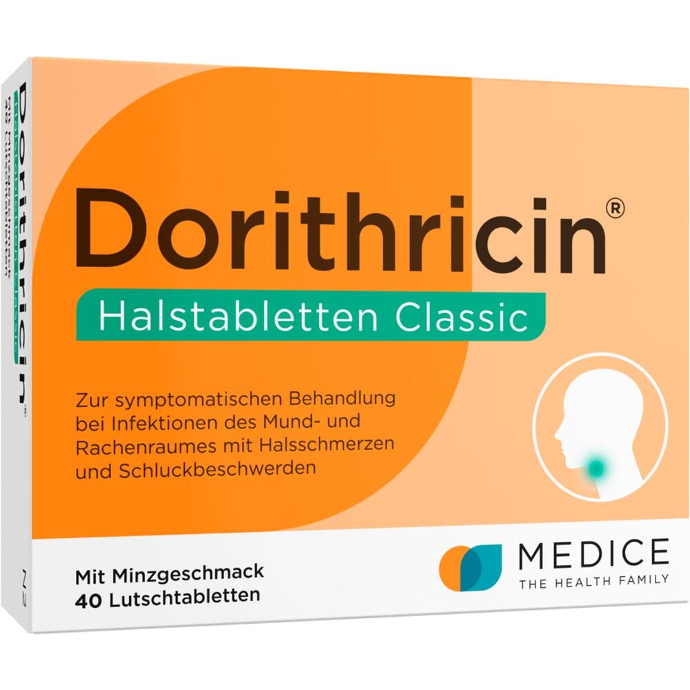 Die orange Verpackung zeigt Dorithricin Halstabletten gegen Halsschmerzen.