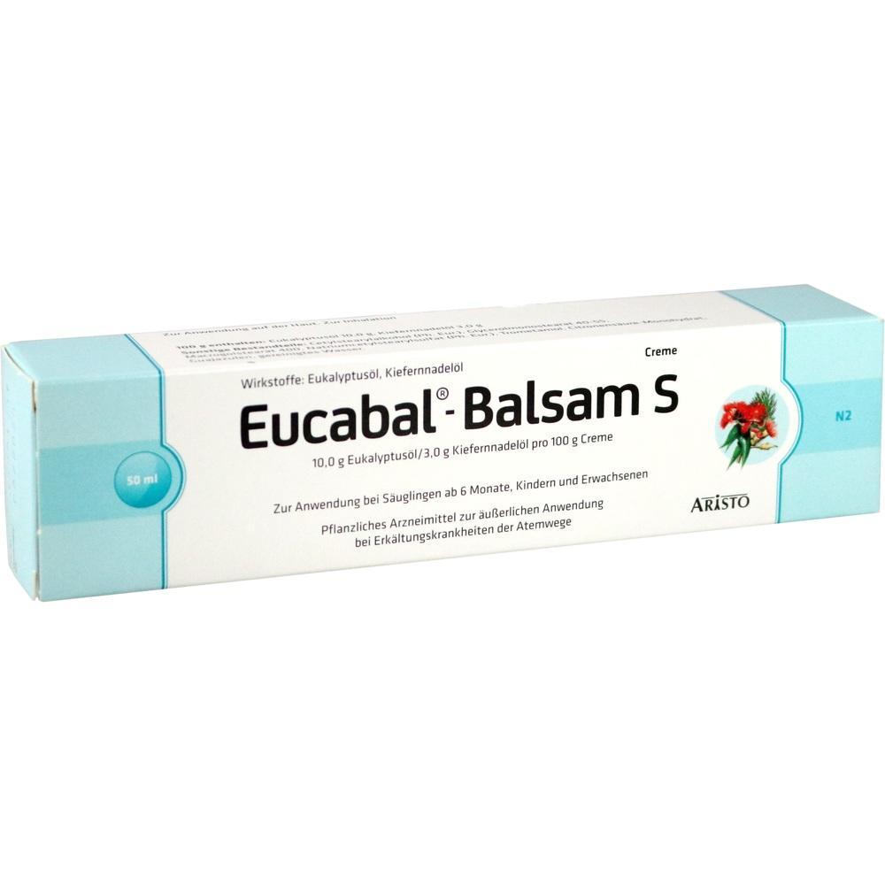Weiße Verpackung von Eucabal-Balsam S mit blauem Rand und rotem Blütenbild.