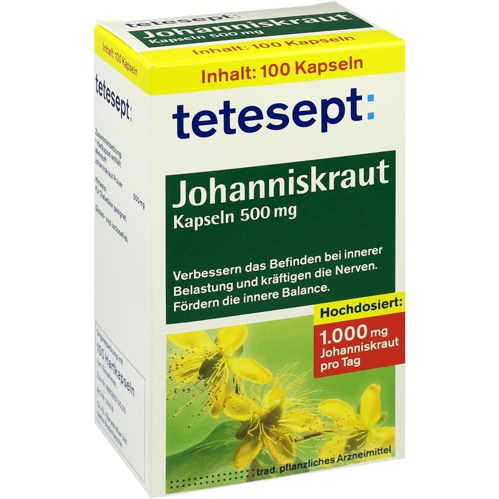 Verpackung von Tetesept Johanniskraut Kapseln 500 mg, 100 Stück, zur Stärkung der Nerven.
