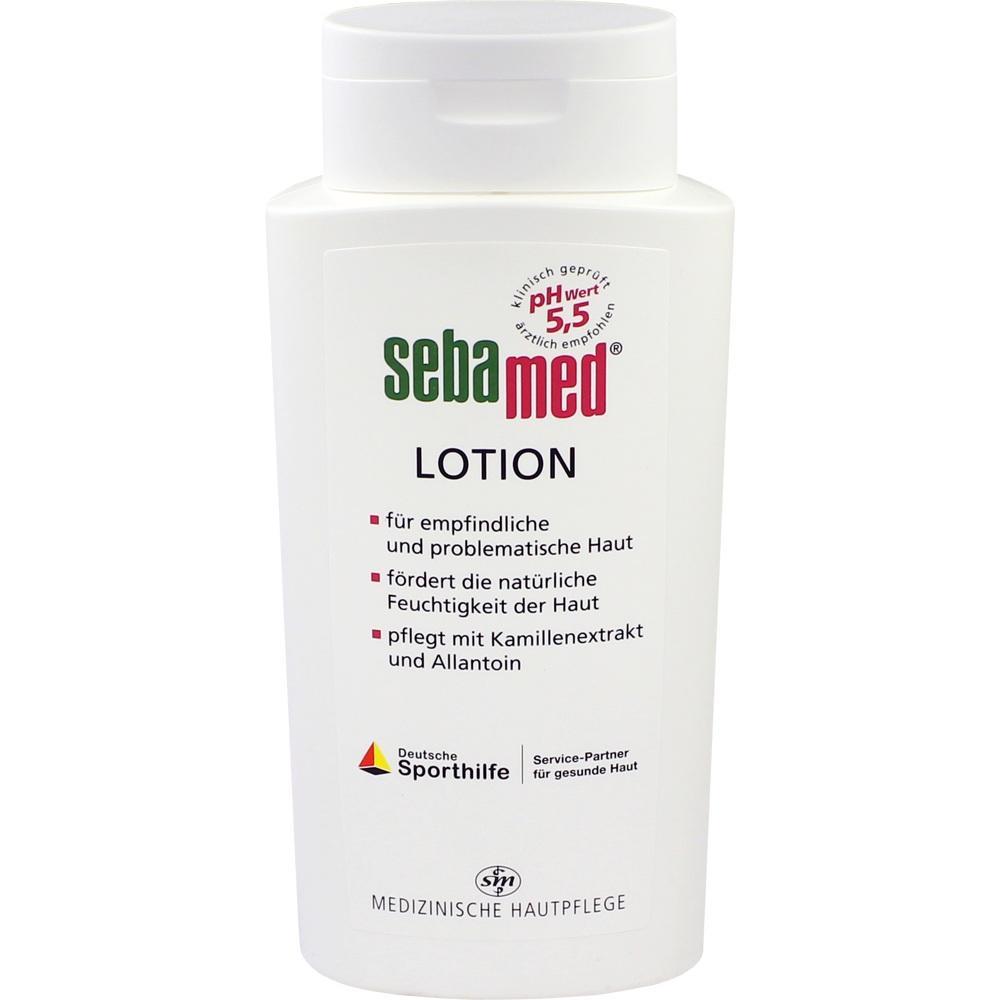 Weiße Flasche Sebamed Lotion für empfindliche Haut mit pH-Wert 5,5.