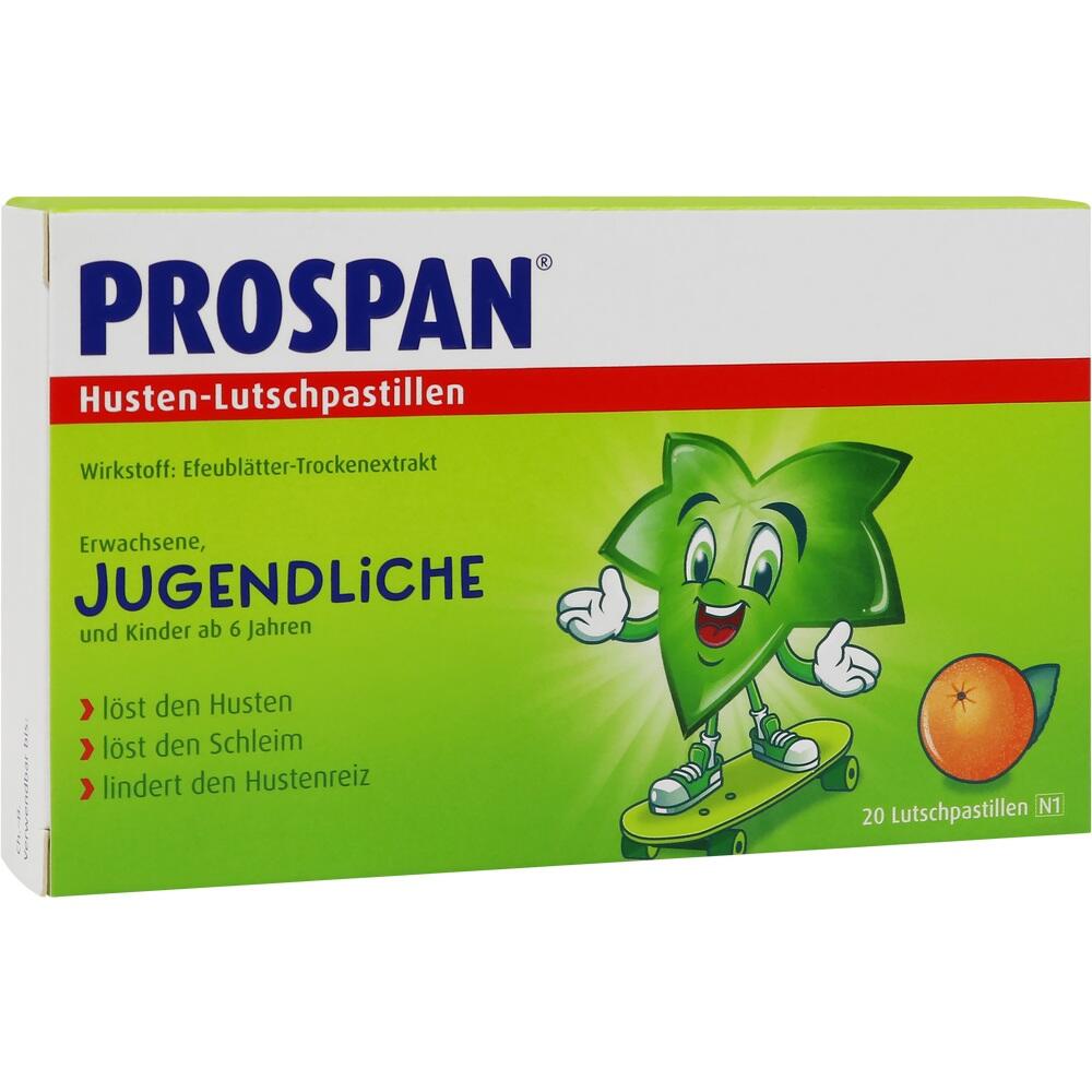Grüne Verpackung von Prospan Husten-Lutschpastillen mit lachendem Blatt und Orange.