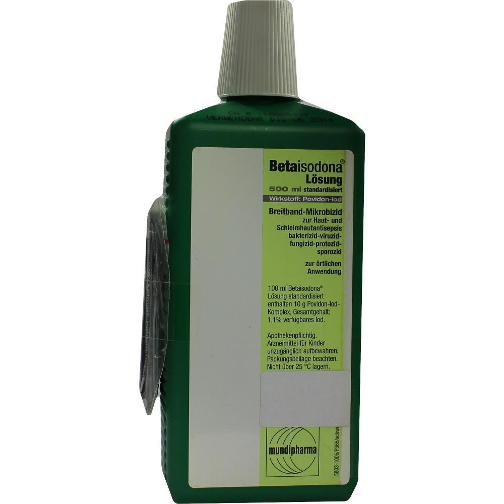 Grüne Flasche mit Etikett für Betaisodona-Lösung, ein antiseptisches Mittel.