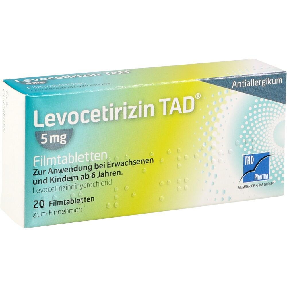 Verpackung von Levocetirizin-Tabletten, verwendet gegen Allergien, 20 Stück á 5 mg.