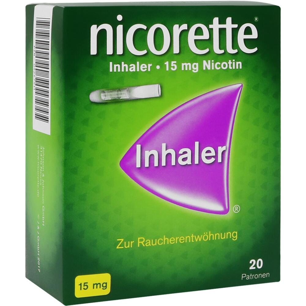 Grüne Verpackung mit der Aufschrift "nicorette Inhaler", 15 mg Nikotin zur Raucherentwöhnung.