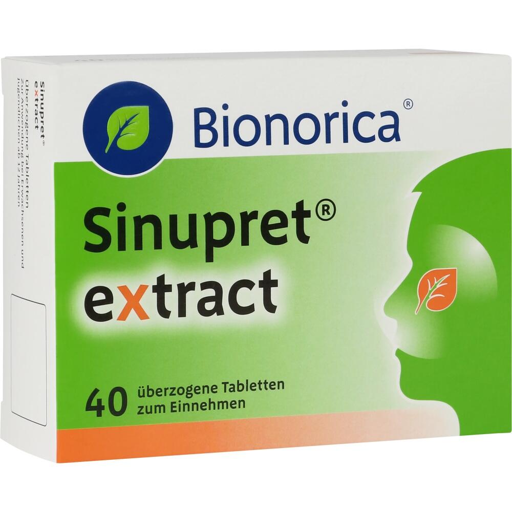 Eine grüne Packung Sinupret extract Tabletten von Bionorica mit 40 Stück.