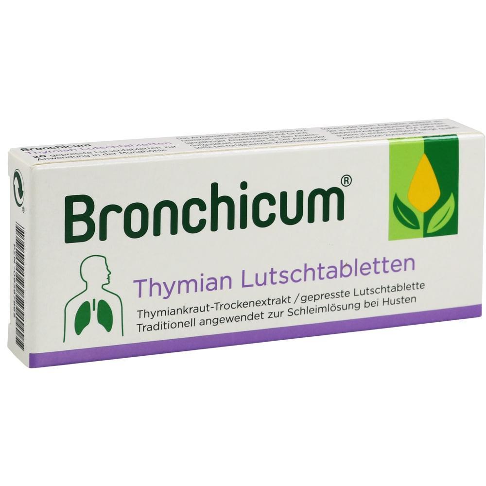 Eine Packung mit Bronchicum Thymian Lutschtabletten bei Husten.