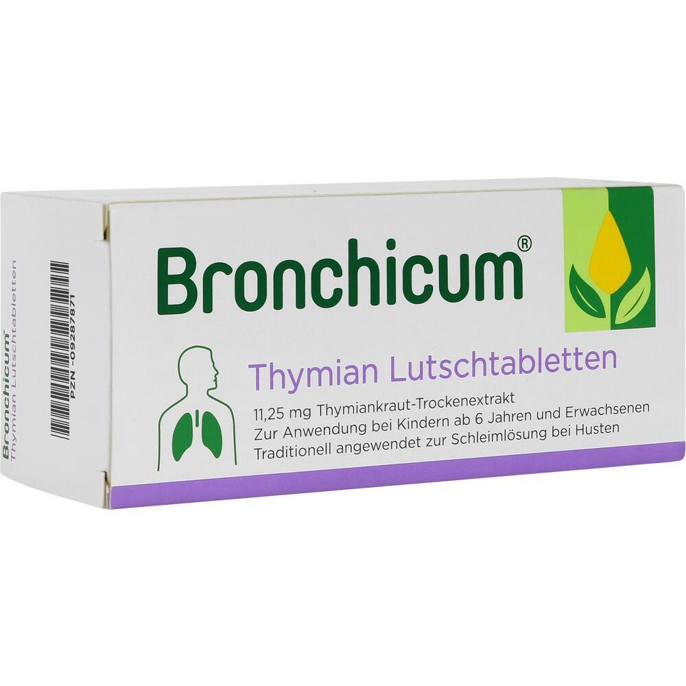 Weiße Verpackung von Bronchicum Thymian Lutschtabletten gegen Husten.