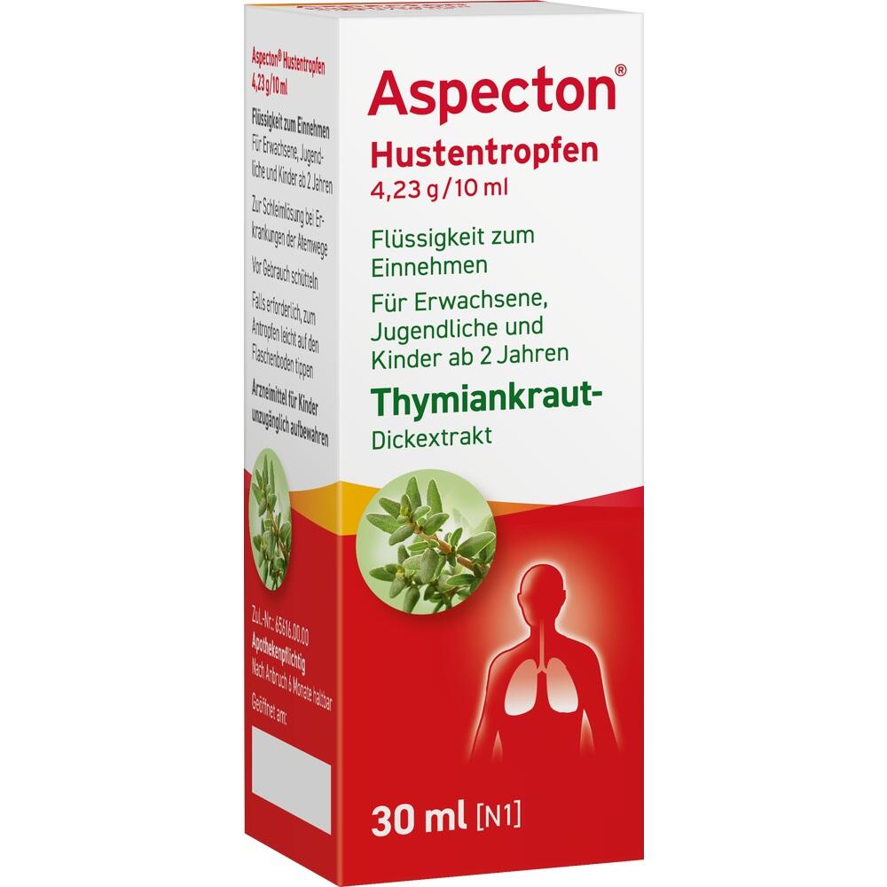 Eine Packung Aspecton-Hustentropfen zur Linderung von Husten.