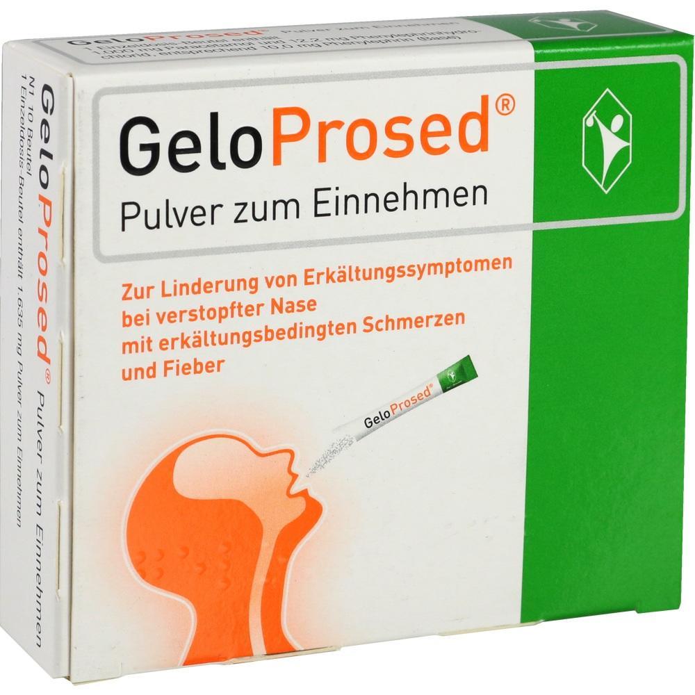 Verpackung von GeloProsed Pulver zur Linderung von Erkältungssymptomen.