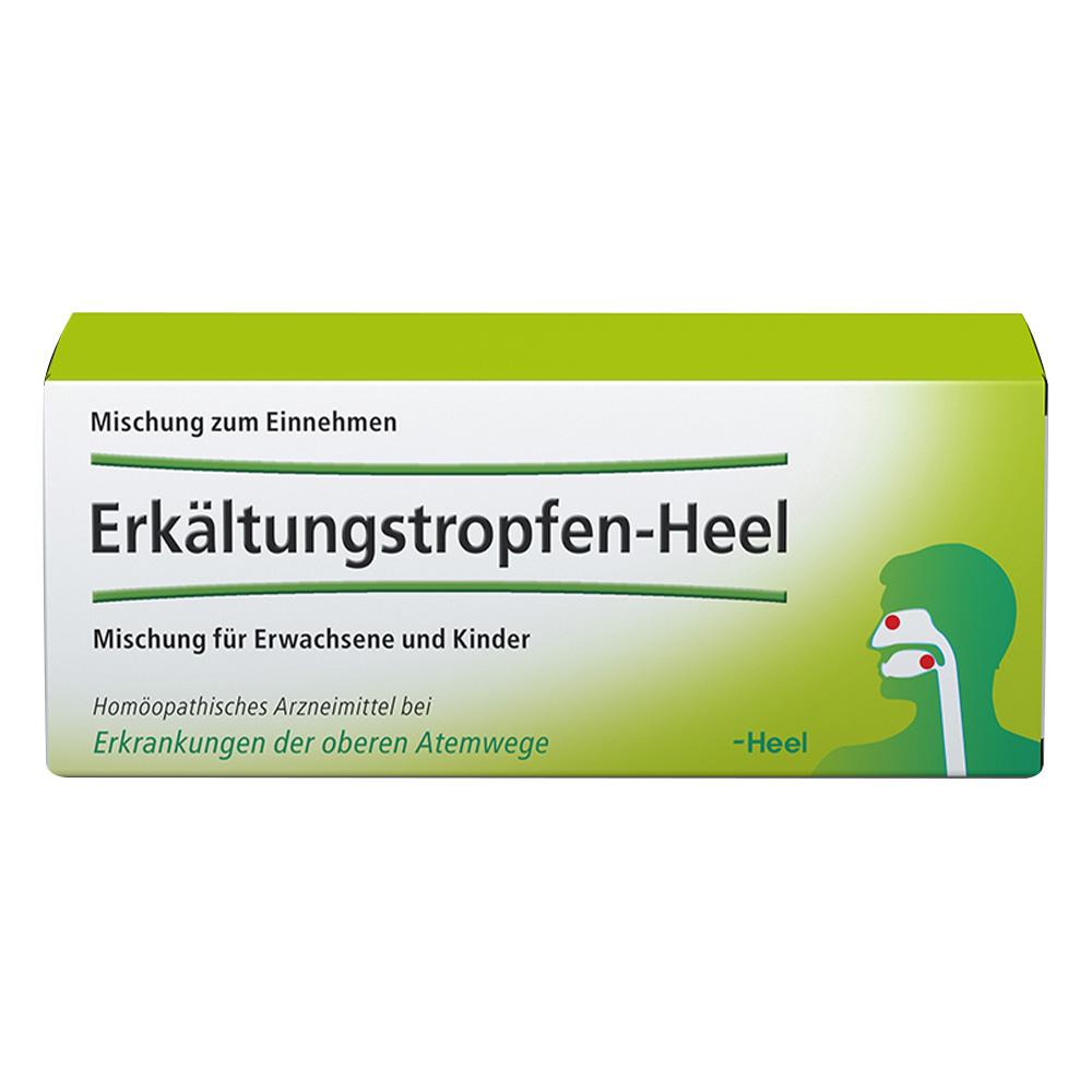 Eine grüne Packung mit Erkältungstropfen für Erwachsene und Kinder.