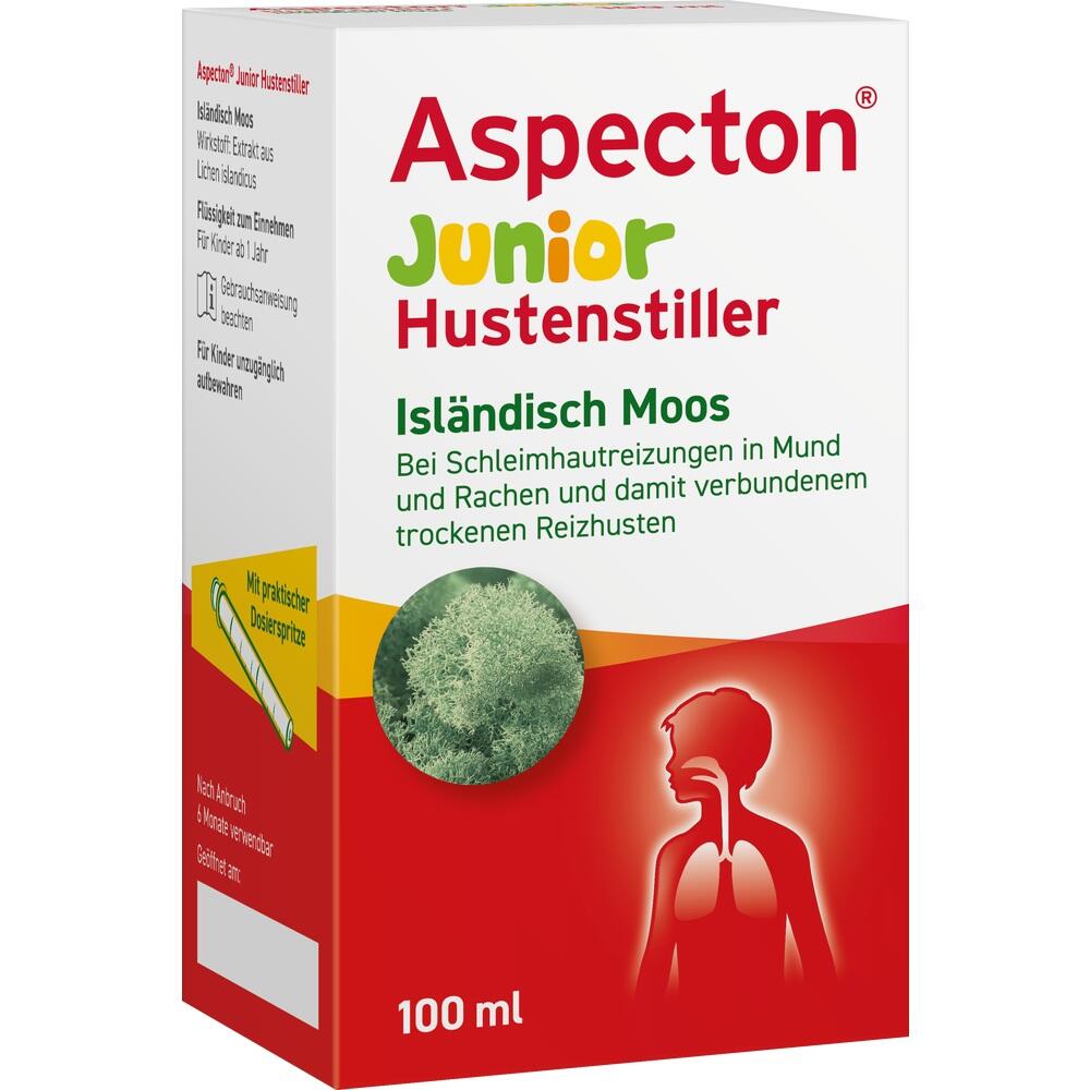 Eine Verpackung von Aspecton Junior Hustensaft mit isländischem Moos.