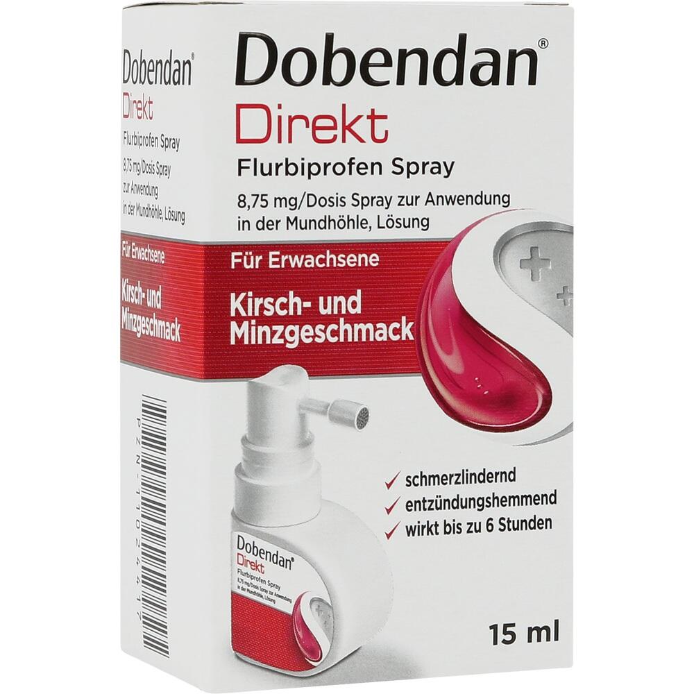 Eine Packung Dobendan Halsspray mit Kirsch- und Minzgeschmack für Erwachsene.