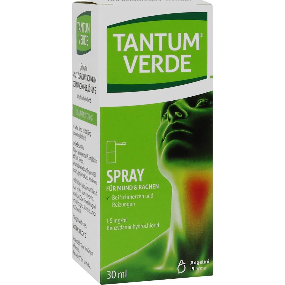 Eine grüne Verpackung von Tantum Verde Mund- und Rachenspray, 30 ml.
