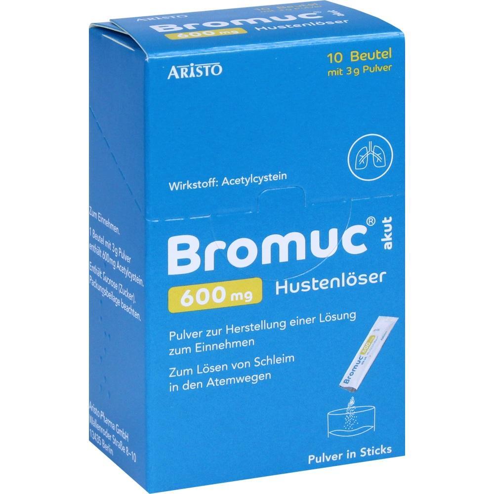 Blaue Packung Hustenlöser mit der Aufschrift "Bromuc 600 mg".