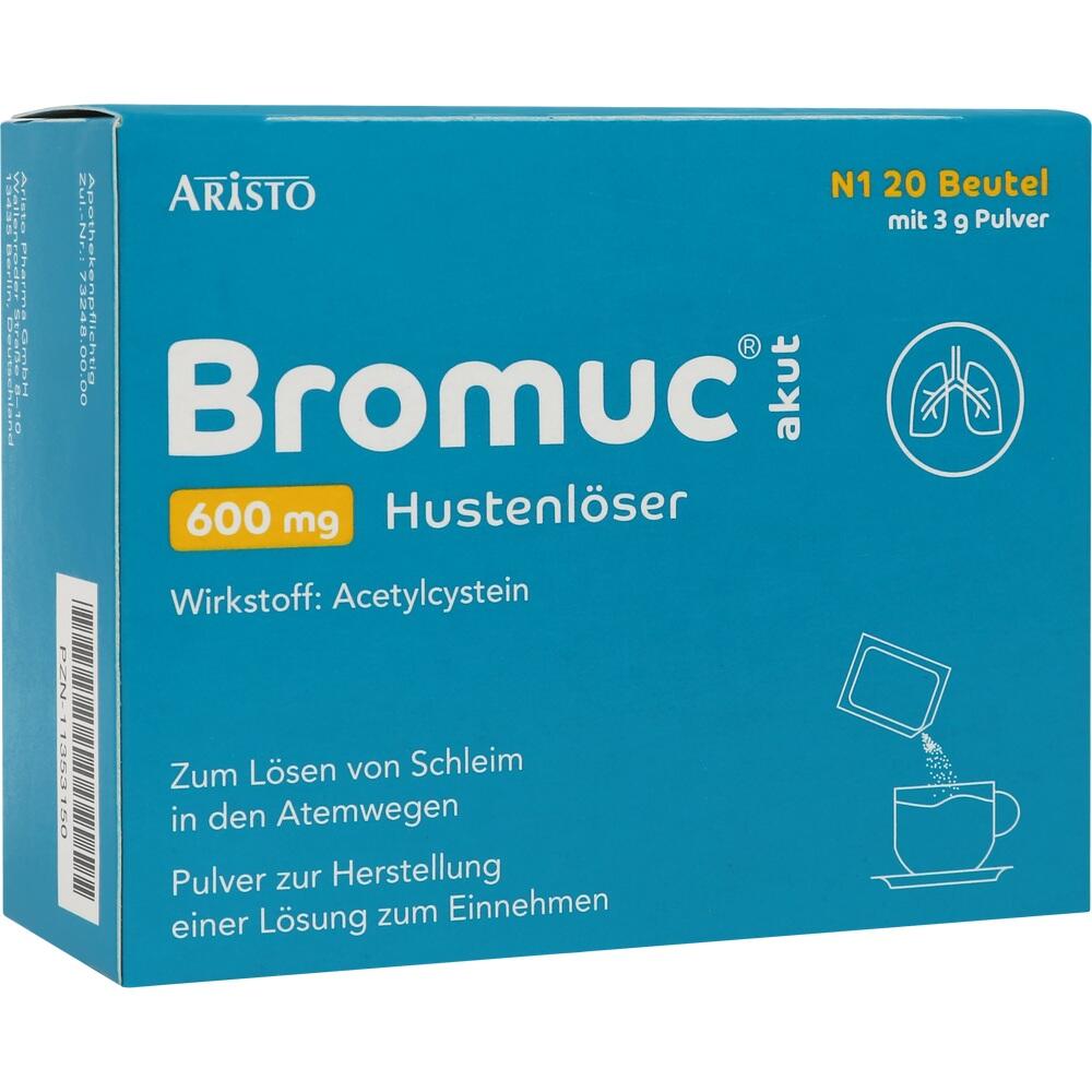 Blaue Packung eines Hustenlösers mit 600 mg Acetylcystein in Pulverform.