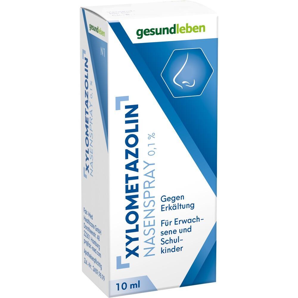 Weiße Nasenspray-Box mit blauem und grünem Text für Erkältungen.