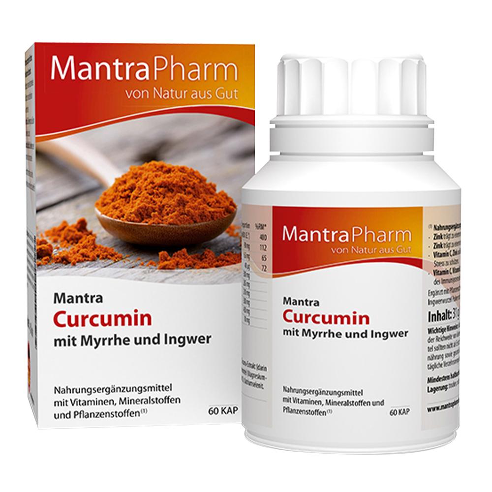 Eine Packung und Flasche mit Mantra Curcumin Nahrungsergänzungsmittel.