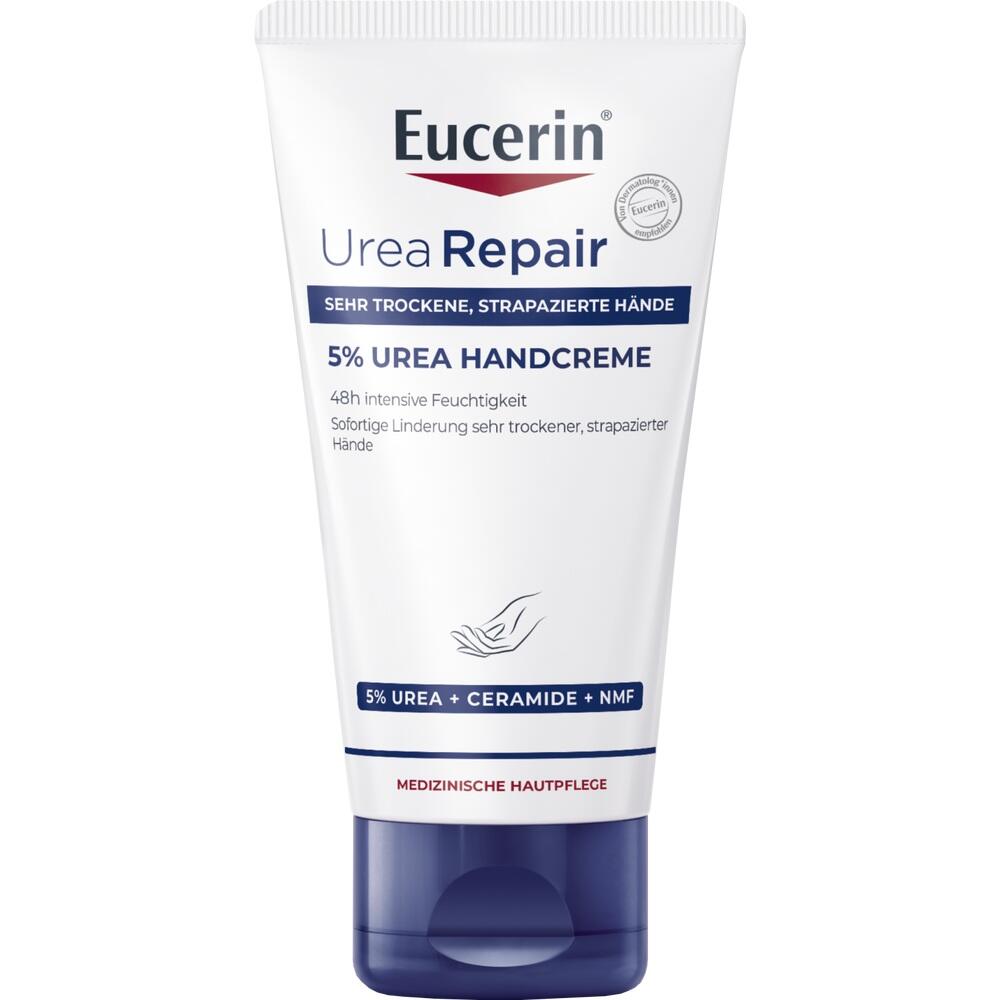 Weißes Handcreme-Tube mit blauer Kappe und Aufschrift "Eucerin Urea Repair".