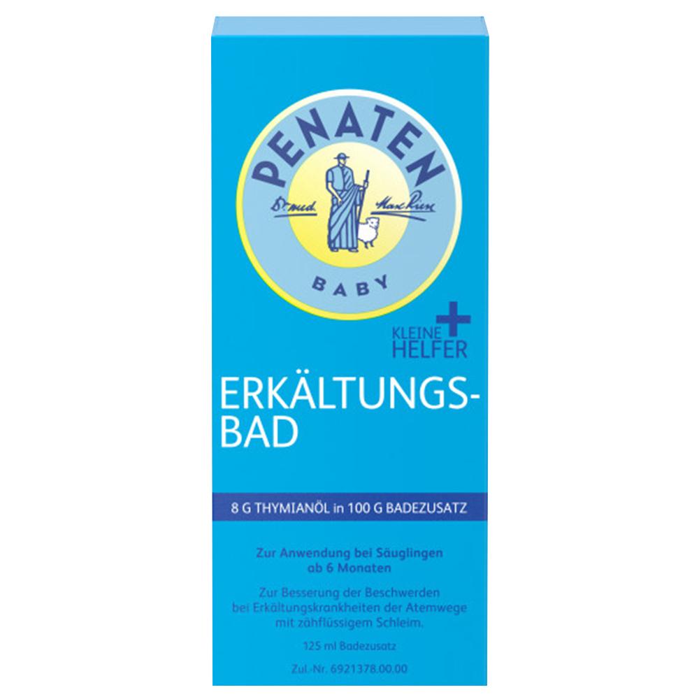 Ein blaues Badezusatz-Produkt für Babys zur Linderung von Erkältungssymptomen.