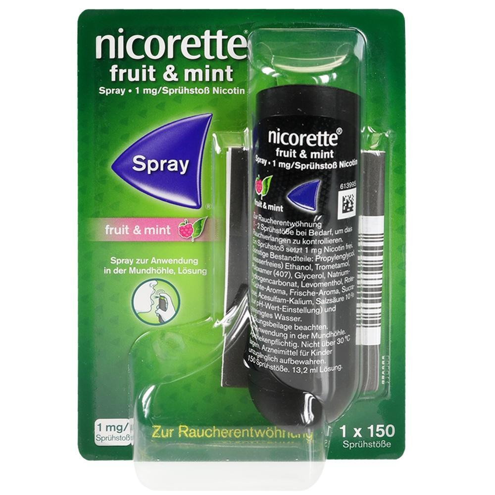 Ein grünes Nicorette-Frucht- und Minzspray zur Raucherentwöhnung.