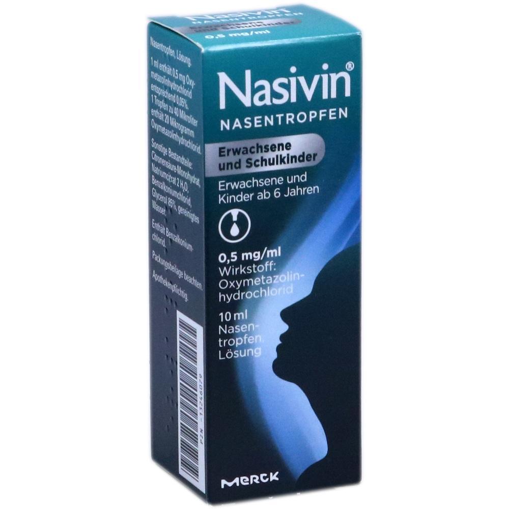 Eine Packung Nasivin Nasentropfen für Erwachsene und Schulkinder.