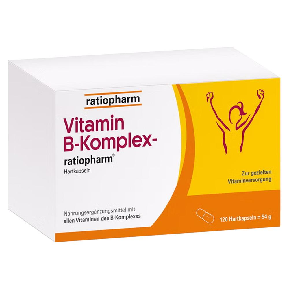Eine Verpackung mit Vitamin B-Komplex Kapseln von Ratiopharm.