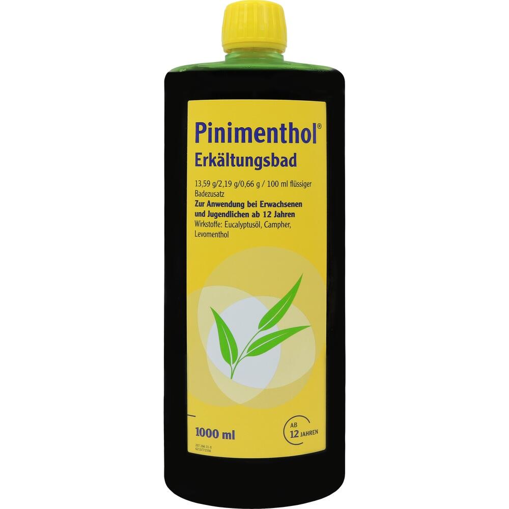 Schwarze Flasche mit gelbem Etikett und der Aufschrift "Pinimenthol Erkältungsbad".