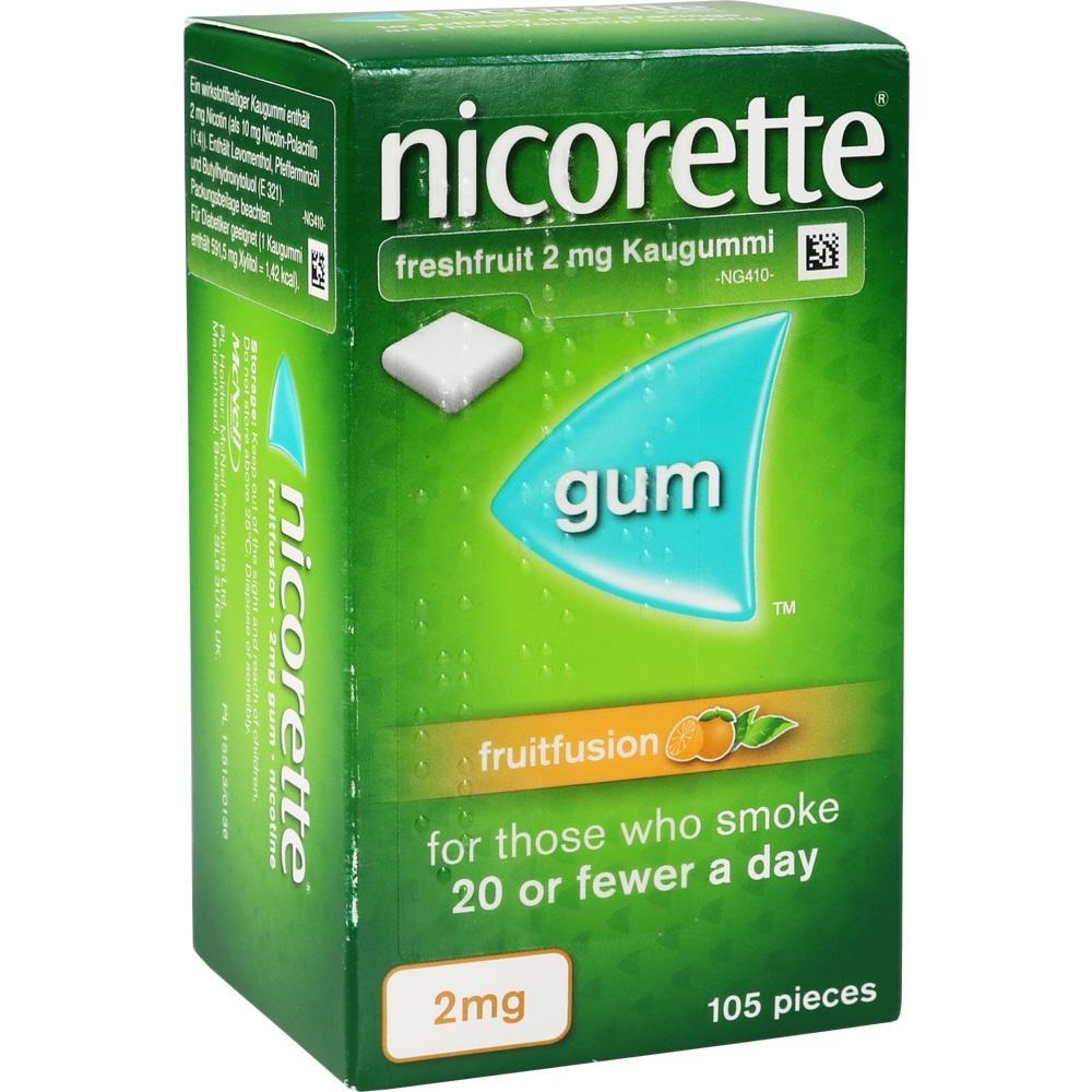 Grüne Verpackung von Nicorette-Kaugummi, 2 mg, Fruchtgeschmack, 105 Stück.