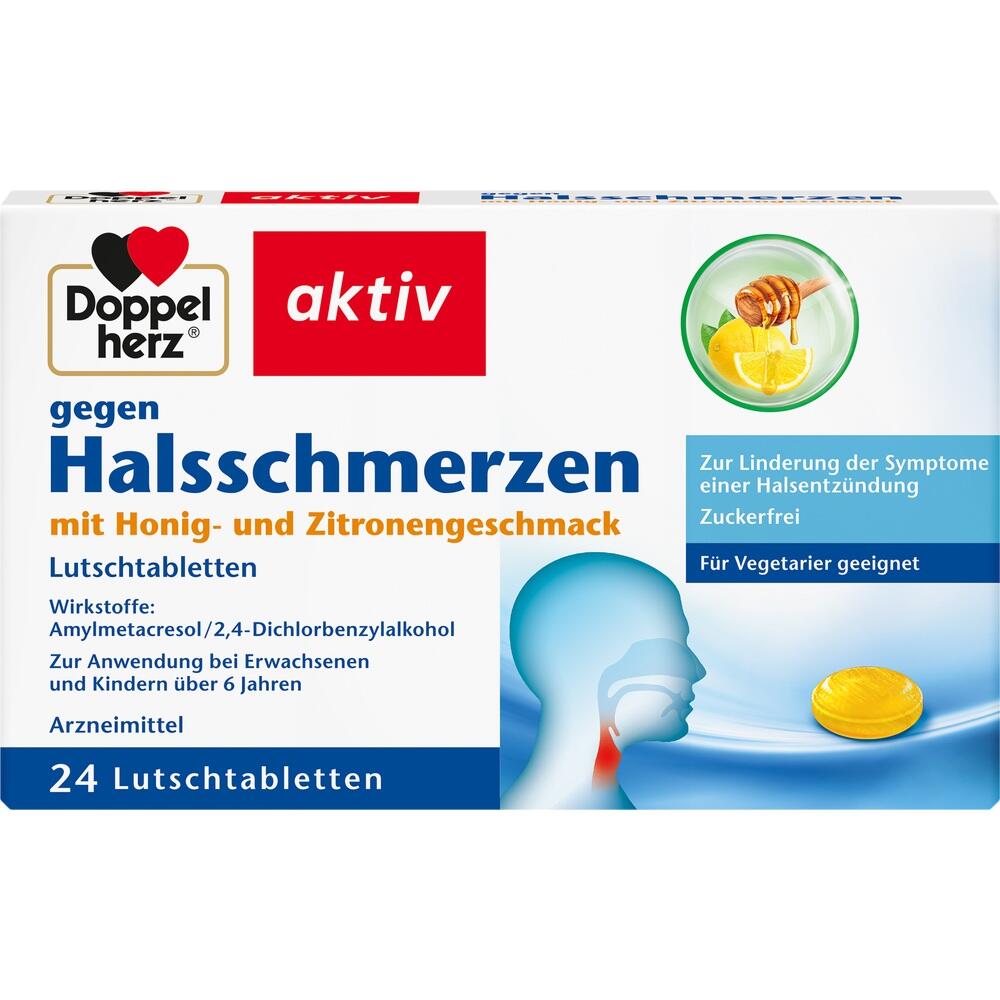 Packung mit Lutschtabletten gegen Halsschmerzen, honig- und zitronenfrisch.