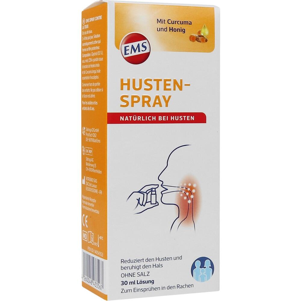 Eine Packung mit Husten-Spray gegen Husten, mit Kurkuma und Honig.