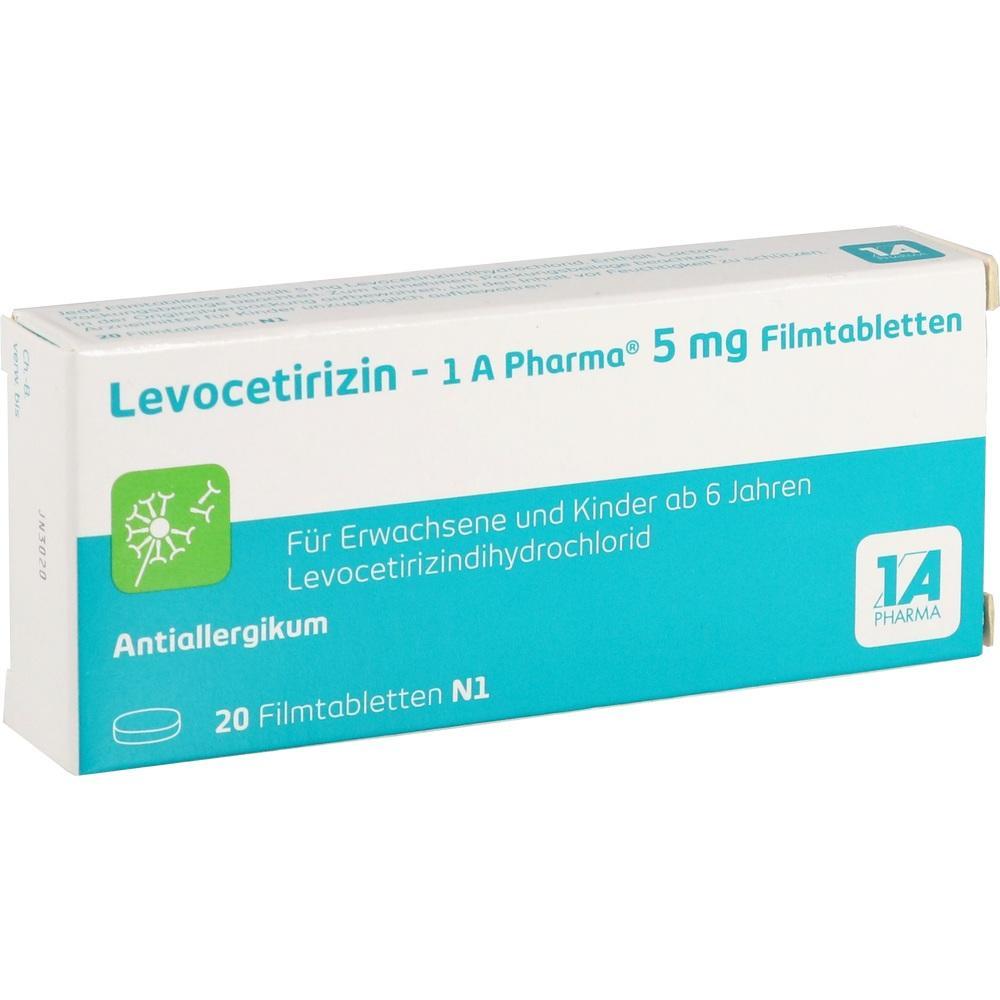 Eine Packung Levocetirizin 5 mg Filmtabletten, ein Antiallergikum für Erwachsene und Kinder.