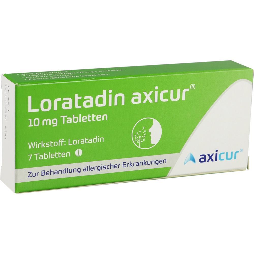 Grüne Medikamentenschachtel mit der Aufschrift "Loratadin axicur 10 mg Tabletten".