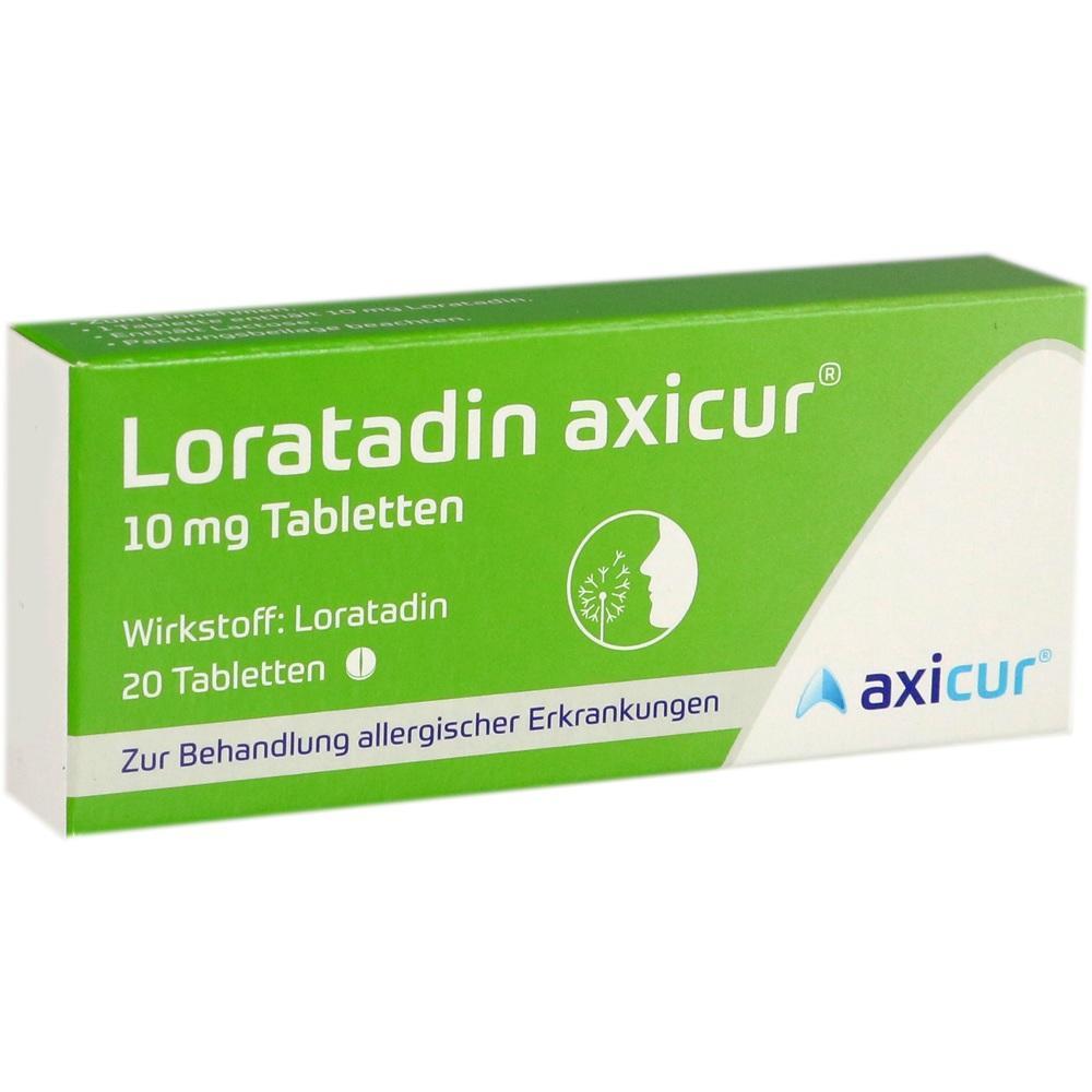 Grüne Medikamentenverpackung mit der Aufschrift "Loratadin axicur 10 mg Tabletten".