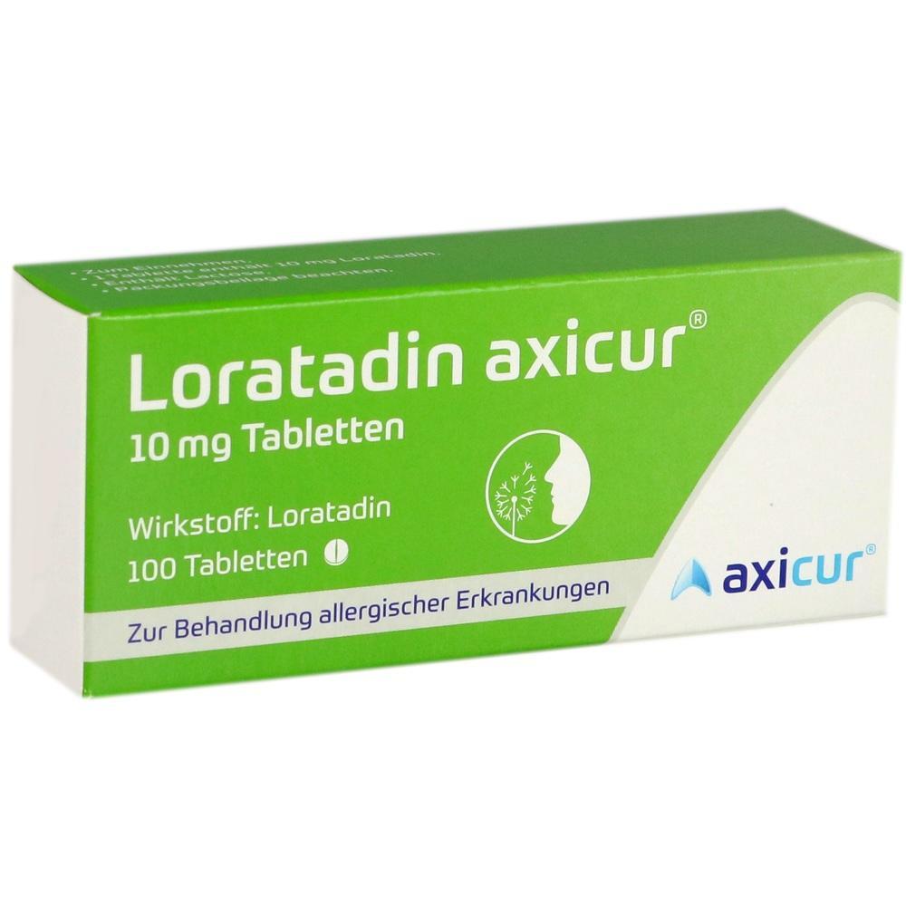 Grüne Packung mit "Loratadin axicur" Tabletten gegen Allergien.