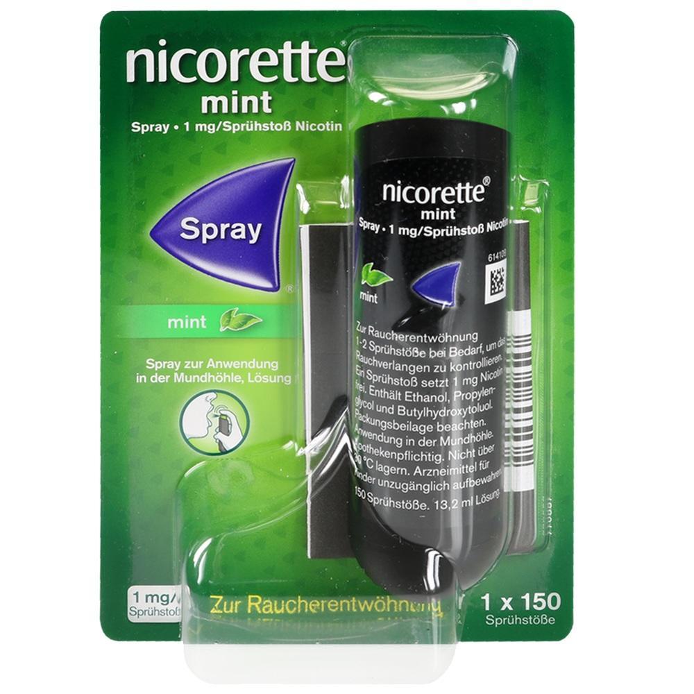 Grünes Nicorette-Mundspray zur Raucherentwöhnung mit Minzgeschmack in Plastikverpackung.