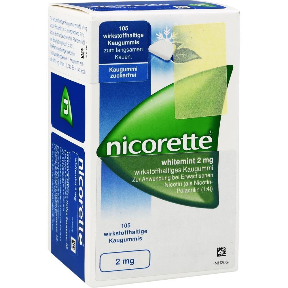 Weiße Verpackung von Nicorette-Kaugummis mit 2 mg Nikotin zur Raucherentwöhnung.