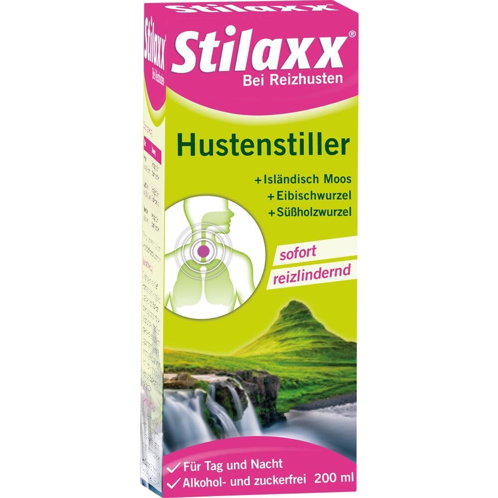 Eine Verpackung eines Hustenstillers mit Pflanzenzugaben und Naturmotiv.