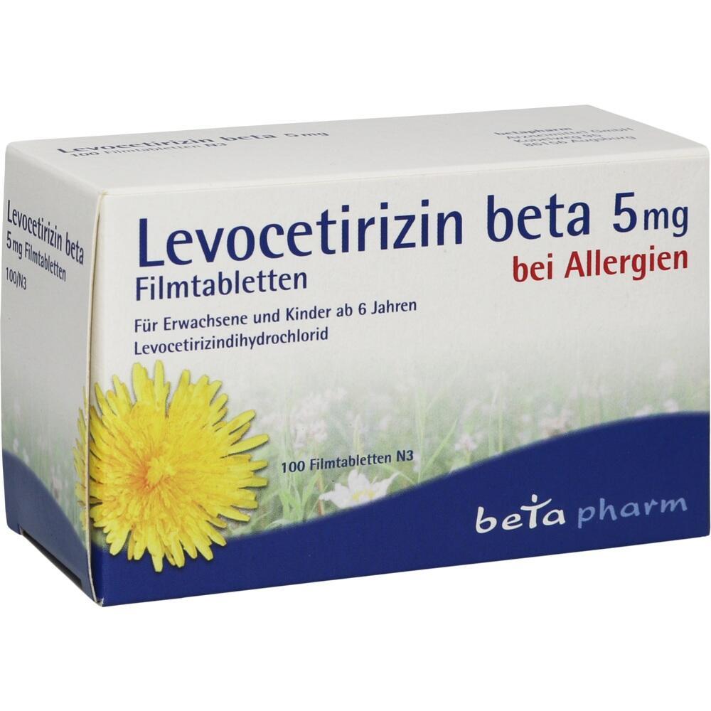Eine Packung Levocetirizin-Tabletten gegen Allergien für Erwachsene und Kinder ab 6 Jahren.