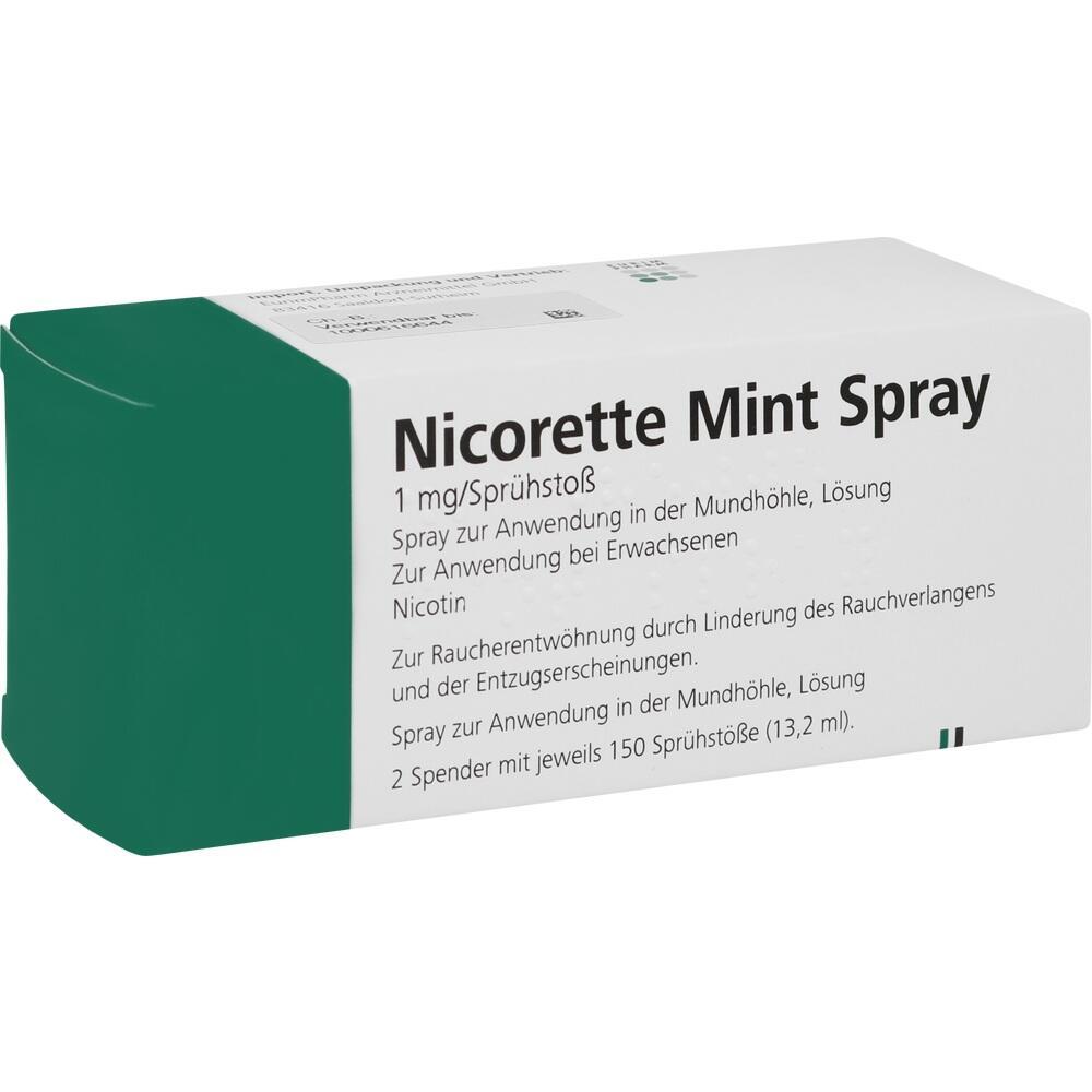 Weiße Verpackung mit der Aufschrift "Nicorette Mint Spray" zur Raucherentwöhnung.
