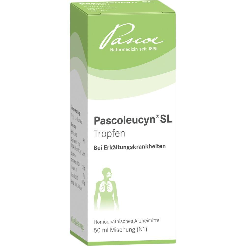 Grüne Packung von Pascoleucyn Tropfen gegen Erkältungen, 50 ml.
